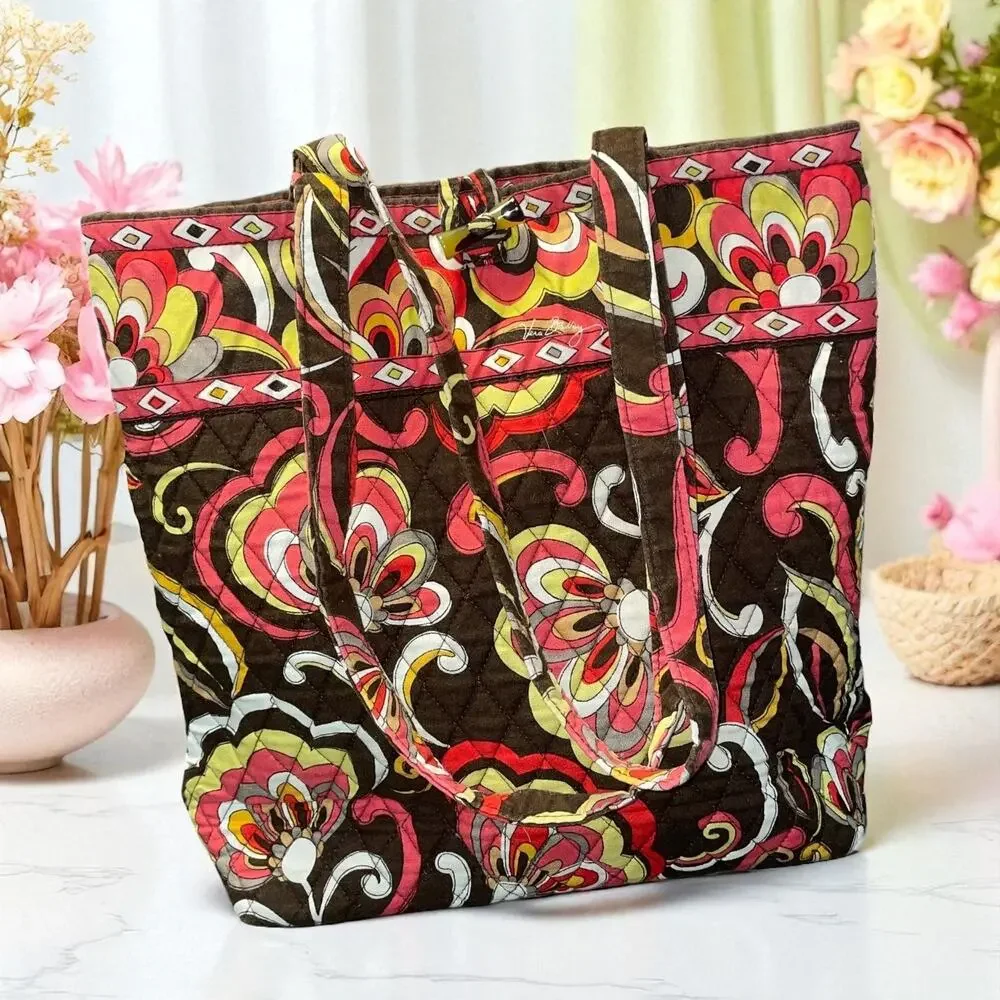 Vera Bradley Retired Puccini Floral Tote Shoulder Bag Purse Toggle Brown Orange